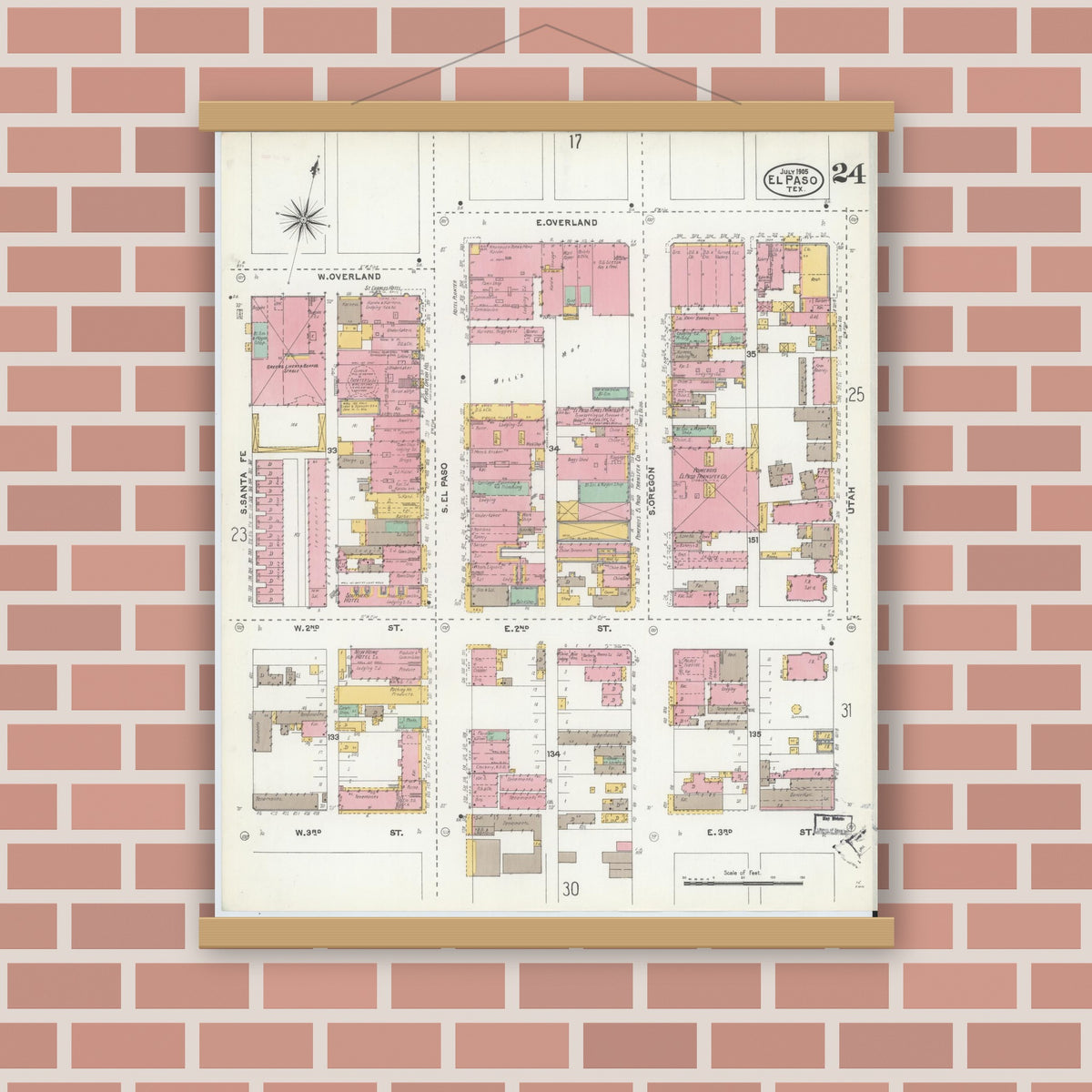 Old map wall art mockup — magnetic wood frame on brick wall — Sanborn Fire Insurance Map from El Paso, El Paso County, Texas (1905), Sheet #0024