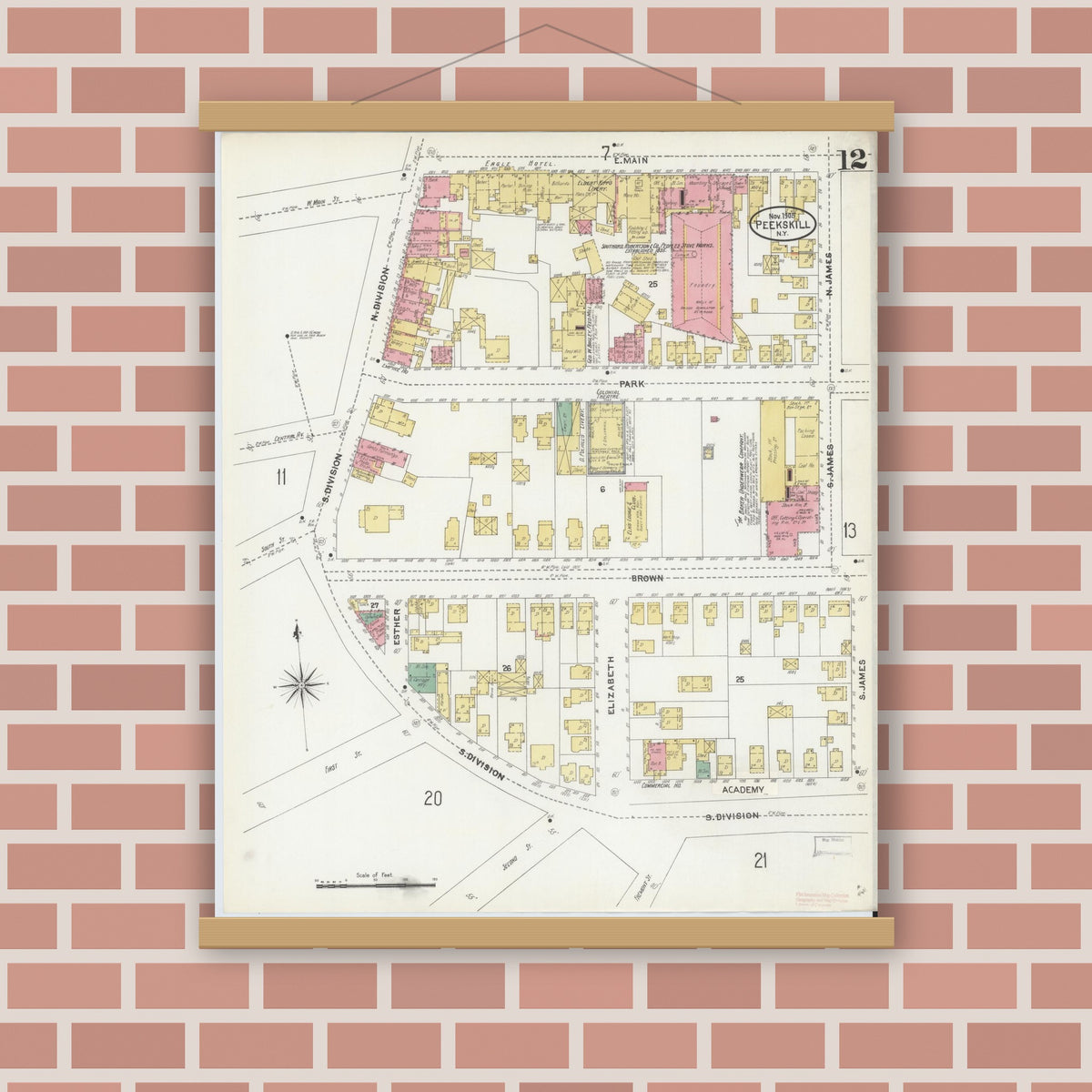 Old map wall art mockup — magnetic wood frame on brick wall — Sanborn Fire Insurance Map from Peekskill, Westchester County, New York (1905), Sheet #0012