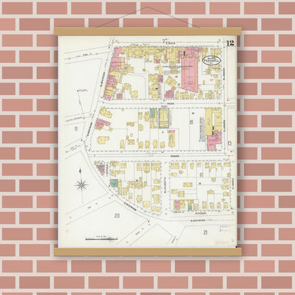 Old map wall art mockup — magnetic wood frame on brick wall — Sanborn Fire Insurance Map from Peekskill, Westchester County, New York (1905), Sheet #0012