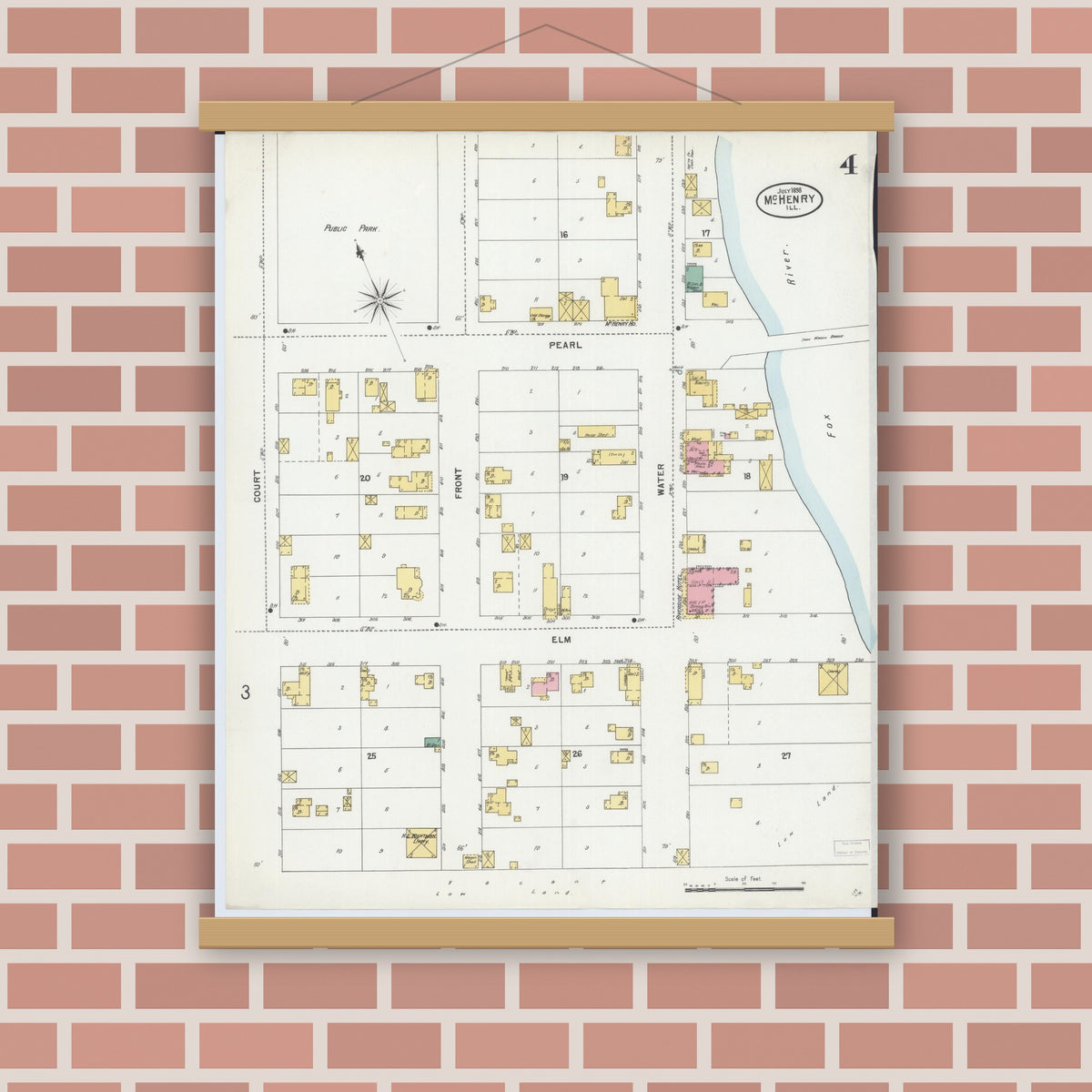 Old map wall art mockup — magnetic wood frame on brick wall — Sanborn Fire Insurance Map from McHenry, McHenry County, Illinois (1898), Sheet #0004