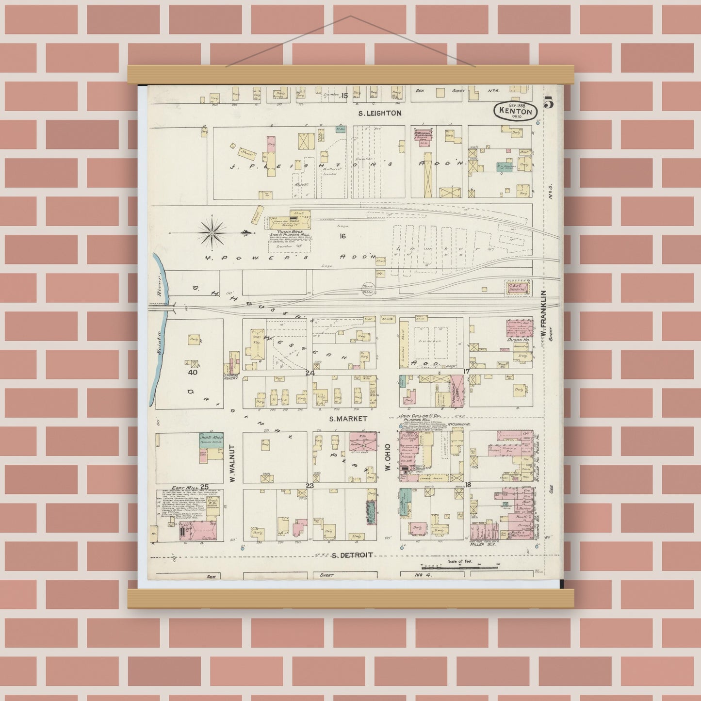 Old map wall art mockup — magnetic wood frame on brick wall — Sanborn Fire Insurance Map from Kenton, Hardin County, Ohio (1888), Sheet #0005