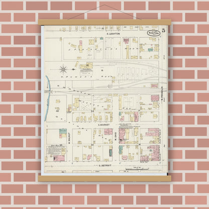 Old map wall art mockup — magnetic wood frame on brick wall — Sanborn Fire Insurance Map from Kenton, Hardin County, Ohio (1888), Sheet #0005