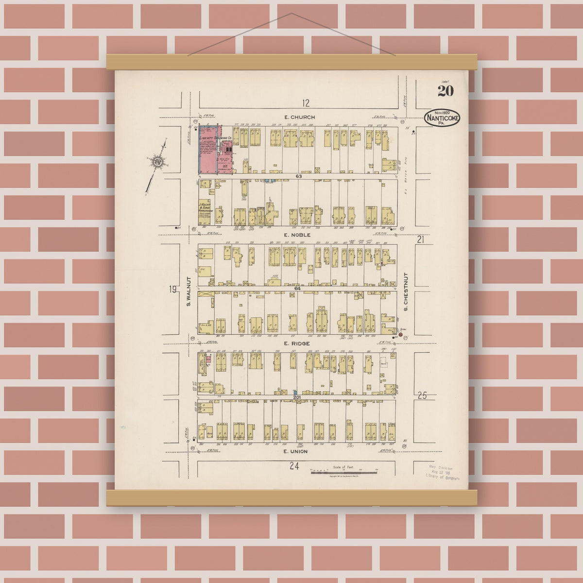 Old map wall art mockup — magnetic wood frame on brick wall — Sanborn Fire Insurance Map from Nanticoke, Luzerne County, Pennsylvania (1920), Sheet #0020