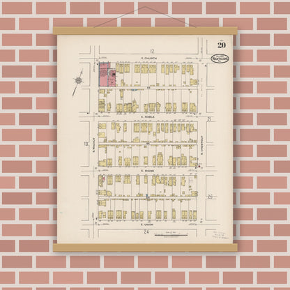 Old map wall art mockup — magnetic wood frame on brick wall — Sanborn Fire Insurance Map from Nanticoke, Luzerne County, Pennsylvania (1920), Sheet #0020