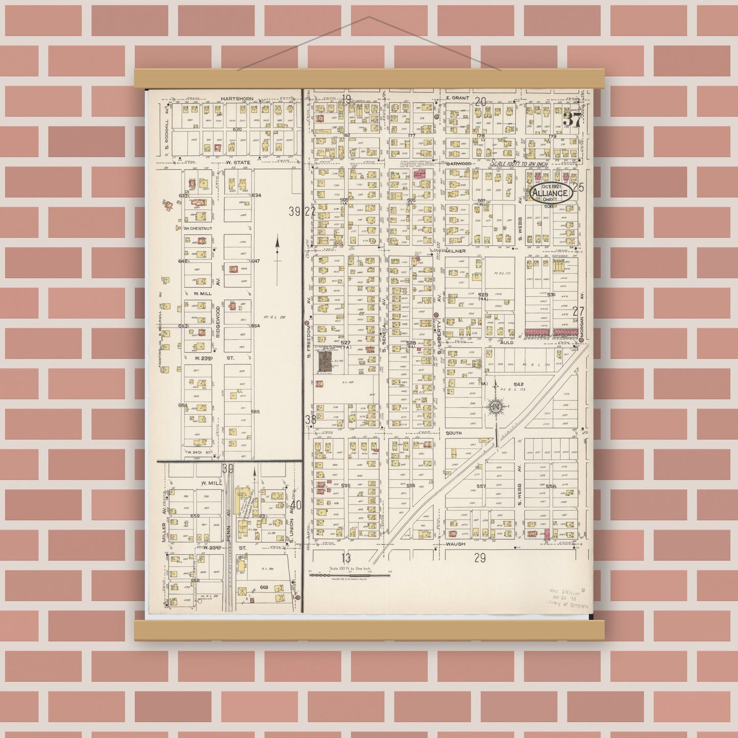 Old map wall art mockup — magnetic wood frame on brick wall — Sanborn Fire Insurance Map from Alliance, Stark County, Ohio (1921), Sheet #0037