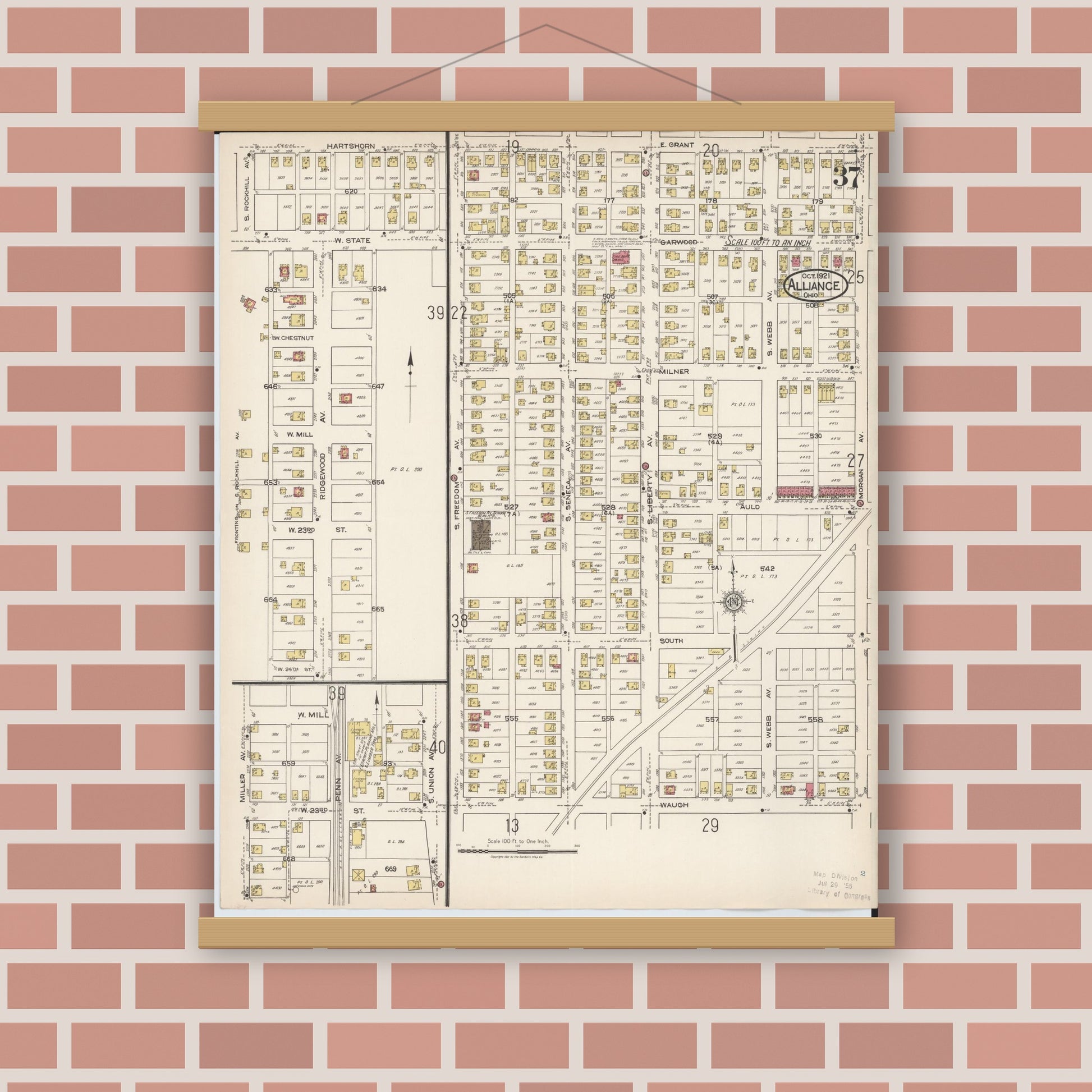 Old map wall art mockup — magnetic wood frame on brick wall — Sanborn Fire Insurance Map from Alliance, Stark County, Ohio (1921), Sheet #0037