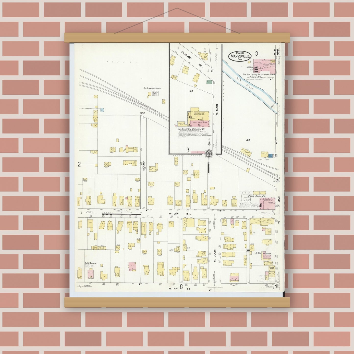 Old map wall art mockup — magnetic wood frame on brick wall — Sanborn Fire Insurance Map from Marysville, Union County, Ohio (1910), Sheet #0003