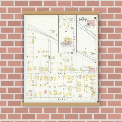 Old map wall art mockup — magnetic wood frame on brick wall — Sanborn Fire Insurance Map from Marysville, Union County, Ohio (1910), Sheet #0003