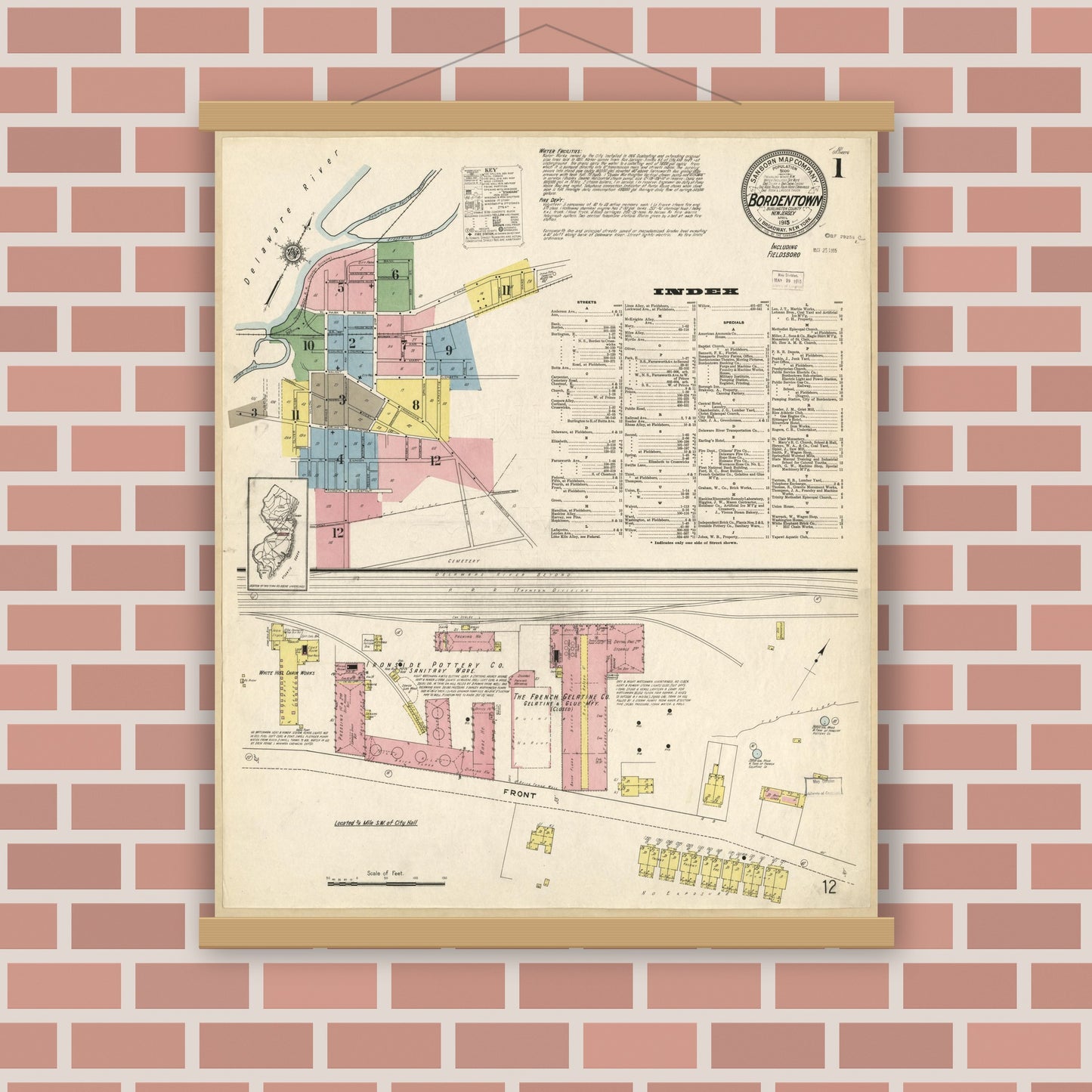 Old map wall art mockup — magnetic wood frame on brick wall — Sanborn Fire Insurance Map from Bordentown, Burlington County, New Jersey (1915), Sheet #0001