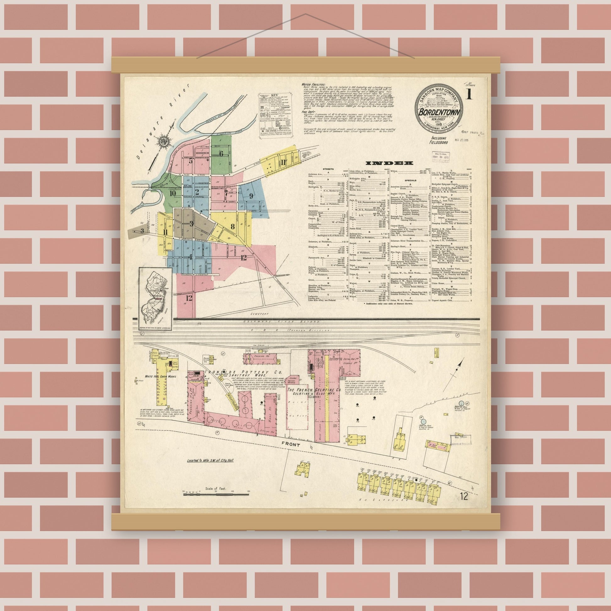 Old map wall art mockup — magnetic wood frame on brick wall — Sanborn Fire Insurance Map from Bordentown, Burlington County, New Jersey (1915), Sheet #0001