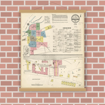 Old map wall art mockup — magnetic wood frame on brick wall — Sanborn Fire Insurance Map from Bordentown, Burlington County, New Jersey (1915), Sheet #0001