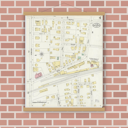Old map wall art mockup — magnetic wood frame on brick wall — Sanborn Fire Insurance Map from Melrose, Middlesex County, Massachusetts (1897), Sheet #0004