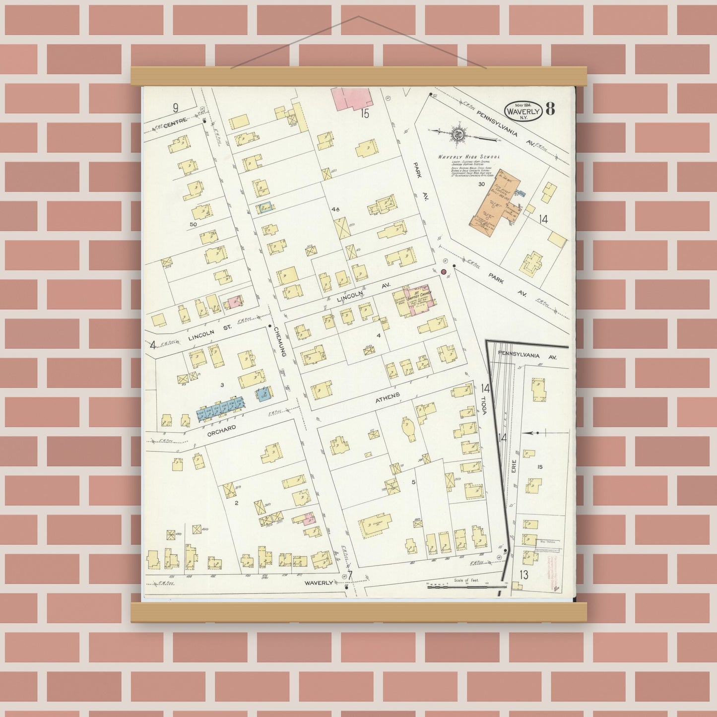 Old map wall art mockup — magnetic wood frame on brick wall — Sanborn Fire Insurance Map from Waverly, Tioga County, New York (1914), Sheet #0008