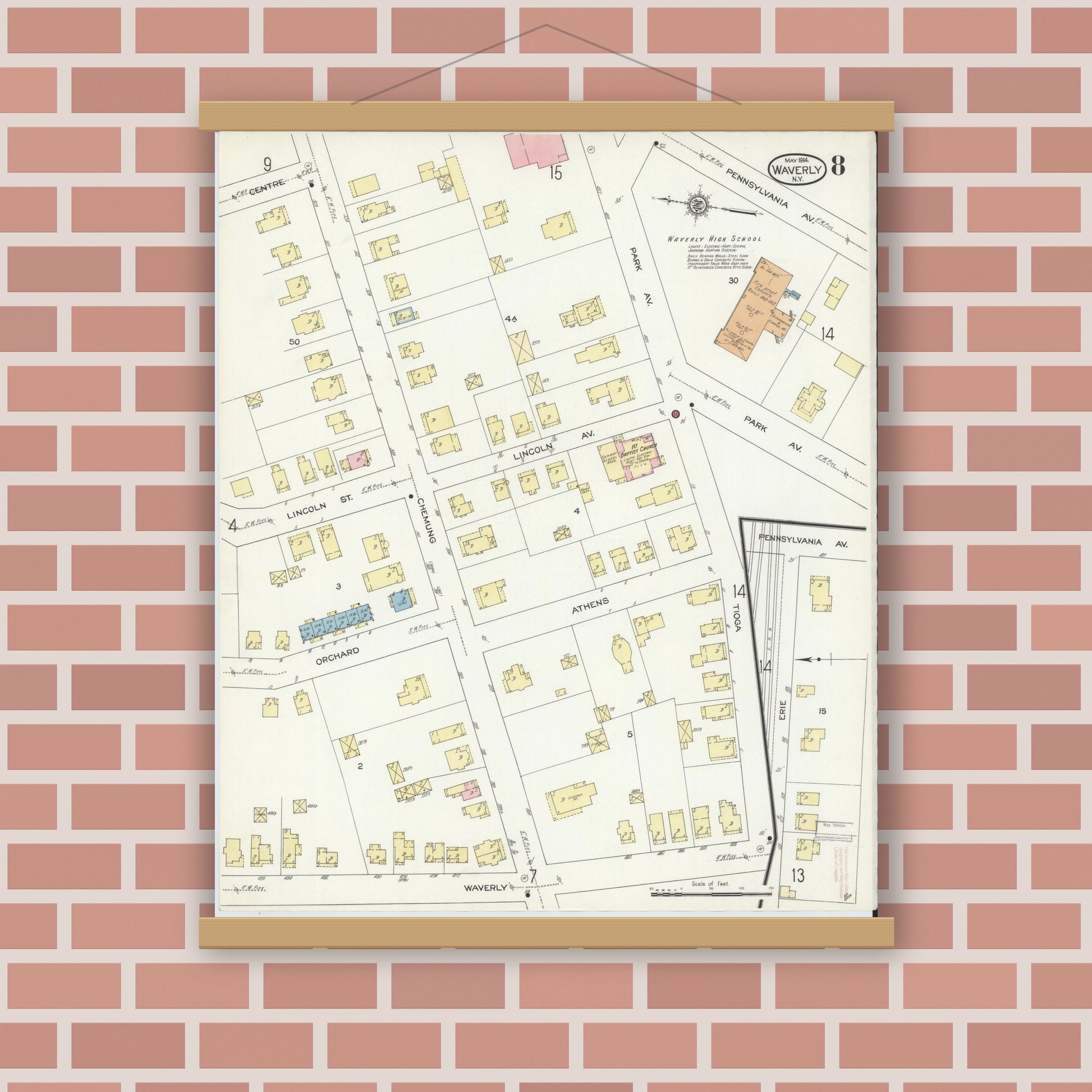 Old map wall art mockup — magnetic wood frame on brick wall — Sanborn Fire Insurance Map from Waverly, Tioga County, New York (1914), Sheet #0008