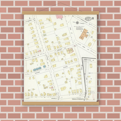 Old map wall art mockup — magnetic wood frame on brick wall — Sanborn Fire Insurance Map from Waverly, Tioga County, New York (1914), Sheet #0008