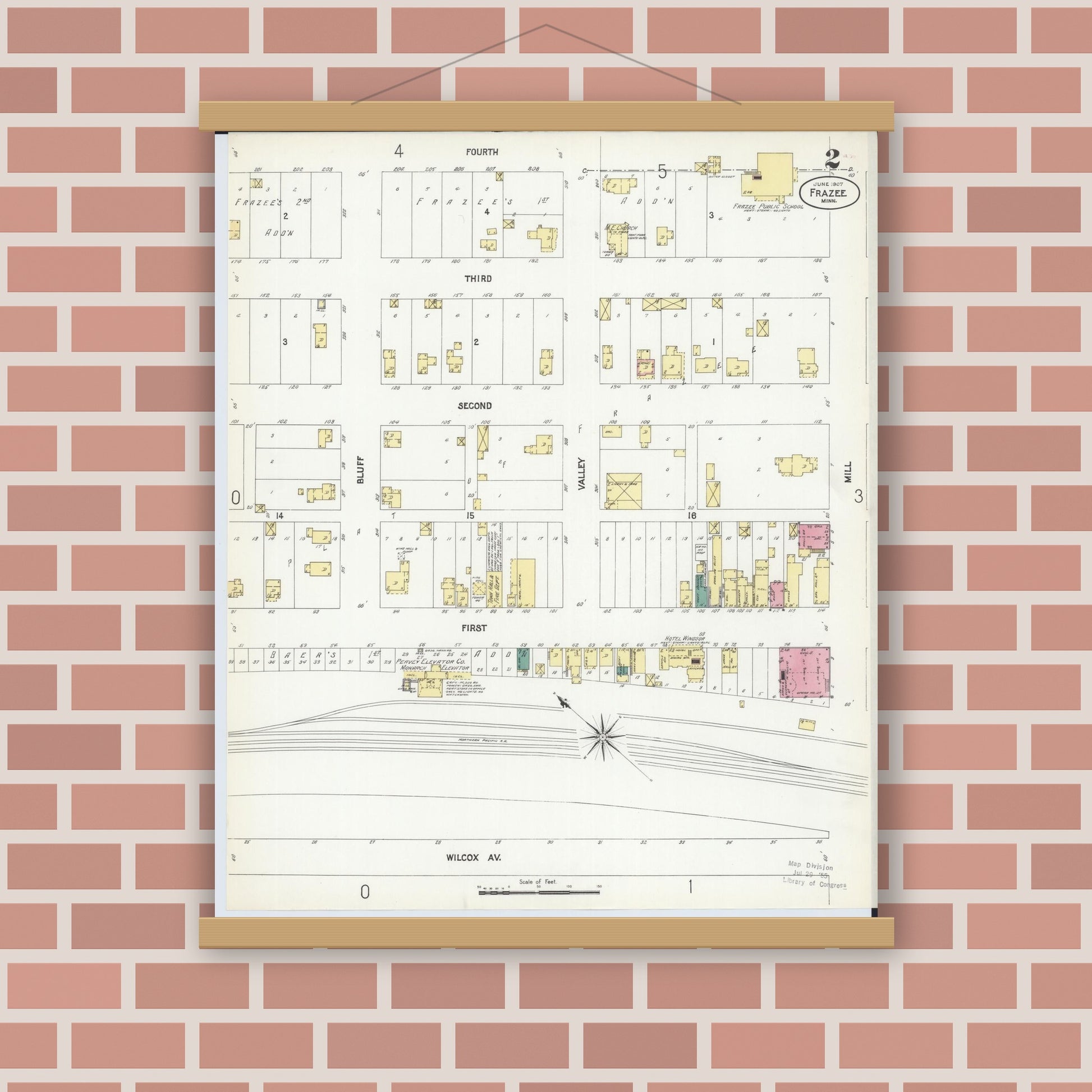 Old map wall art mockup — magnetic wood frame on brick wall — Sanborn Fire Insurance Map from Frazee, Becker County, Minnesota (1907), Sheet #0002