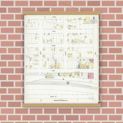 Old map wall art mockup — magnetic wood frame on brick wall — Sanborn Fire Insurance Map from Frazee, Becker County, Minnesota (1907), Sheet #0002