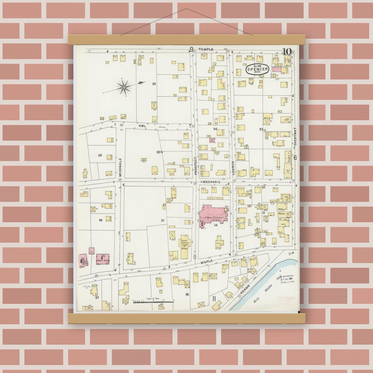 Old map wall art mockup — magnetic wood frame on brick wall — Sanborn Fire Insurance Map from Spencer, Worcester County, Massachusetts (1896), Sheet #0010