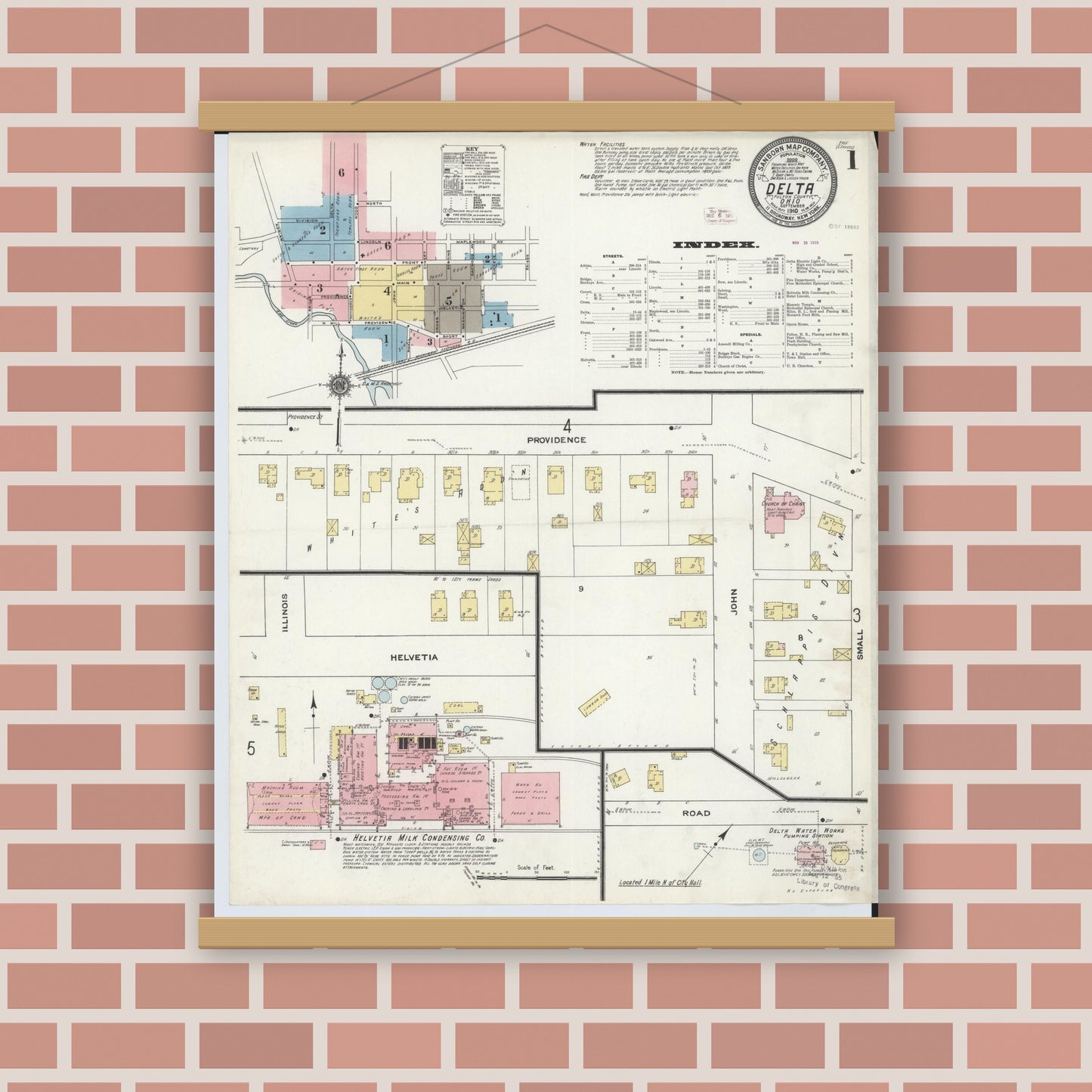Old map wall art mockup — magnetic wood frame on brick wall — Sanborn Fire Insurance Map from Delta, Fulton County, Ohio (1905), Sheet #0005