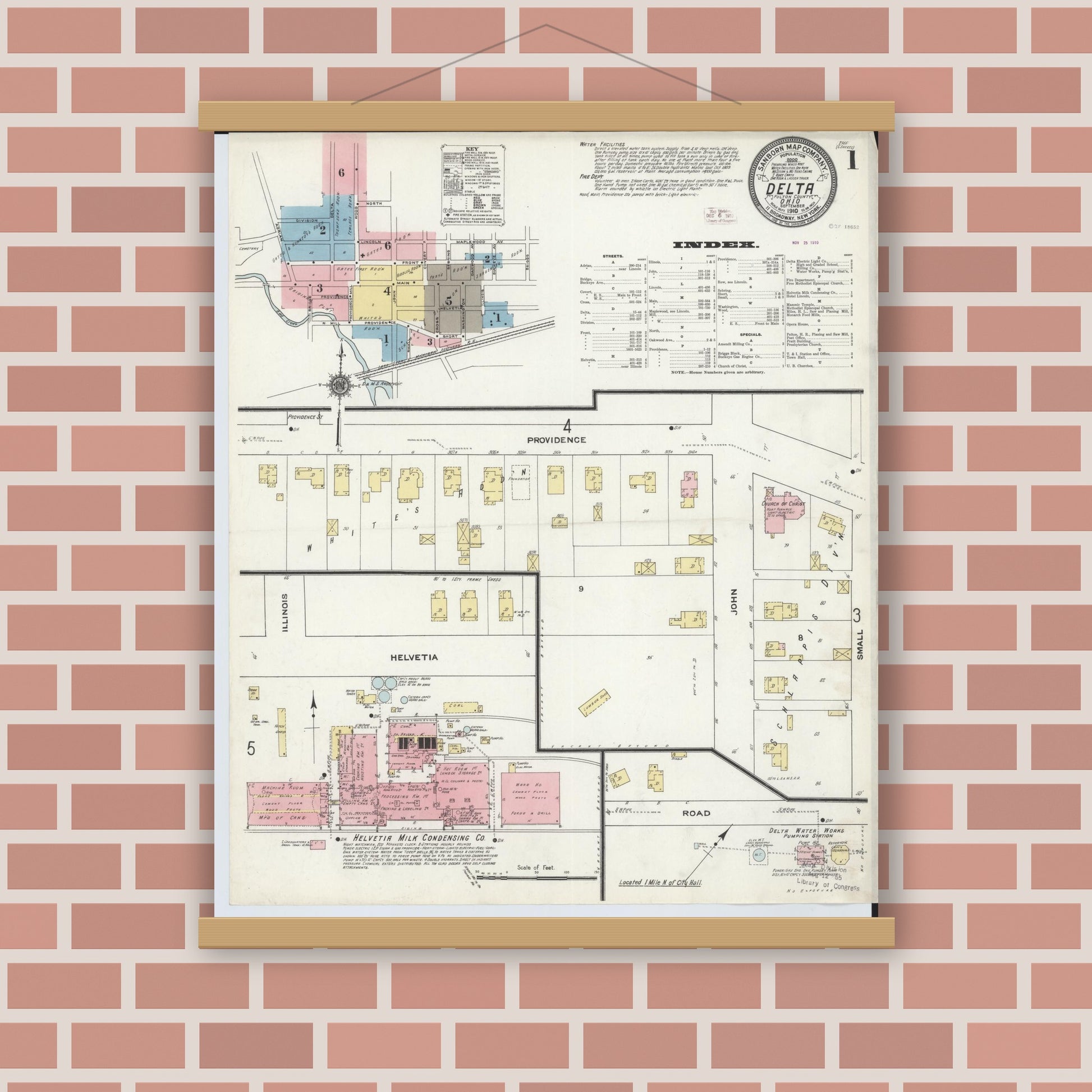 Old map wall art mockup — magnetic wood frame on brick wall — Sanborn Fire Insurance Map from Delta, Fulton County, Ohio (1905), Sheet #0005