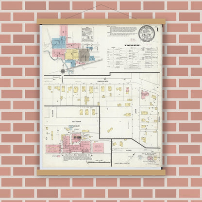 Old map wall art mockup — magnetic wood frame on brick wall — Sanborn Fire Insurance Map from Delta, Fulton County, Ohio (1905), Sheet #0005