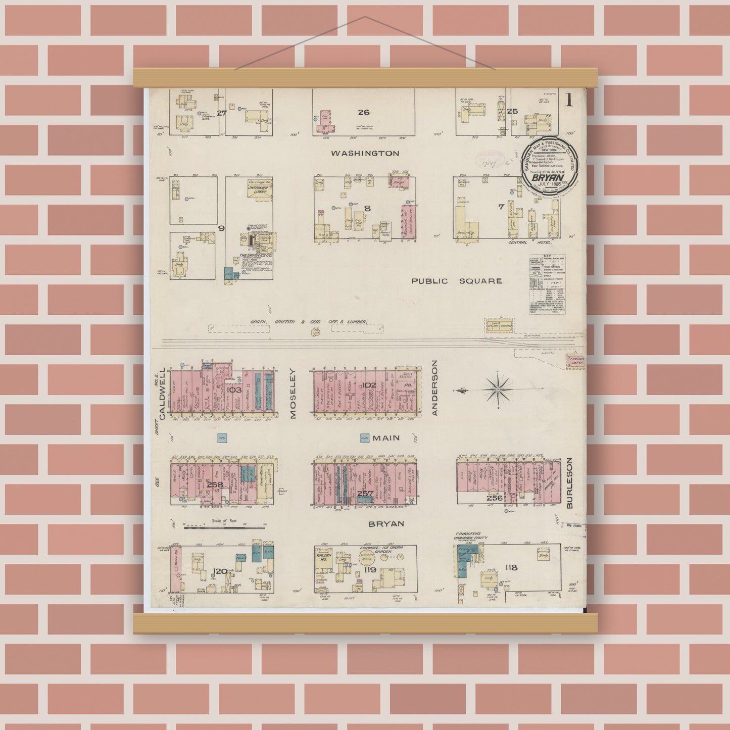 Old map wall art mockup — magnetic wood frame on brick wall — Sanborn Fire Insurance Map from Bryan, Brazos County, Texas (1885), Sheet #0001