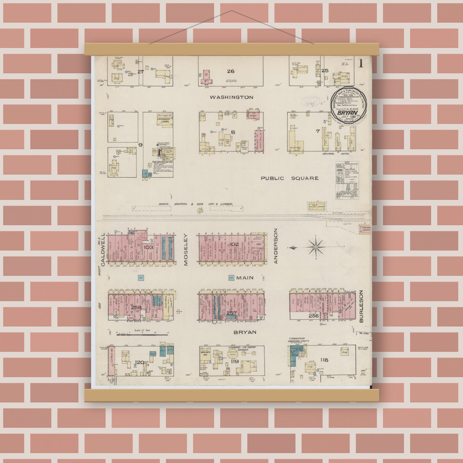 Old map wall art mockup — magnetic wood frame on brick wall — Sanborn Fire Insurance Map from Bryan, Brazos County, Texas (1885), Sheet #0001