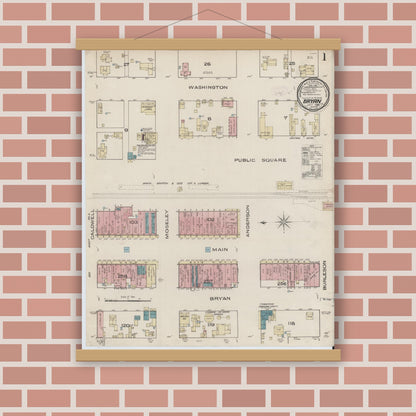 Old map wall art mockup — magnetic wood frame on brick wall — Sanborn Fire Insurance Map from Bryan, Brazos County, Texas (1885), Sheet #0001