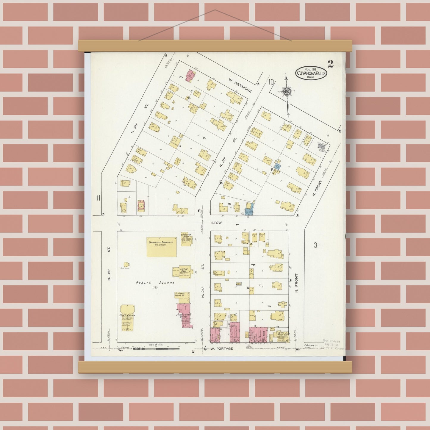 Old map wall art mockup — magnetic wood frame on brick wall — Sanborn Fire Insurance Map from Cuyahoga Falls, Summit County, Ohio (1916), Sheet #0002
