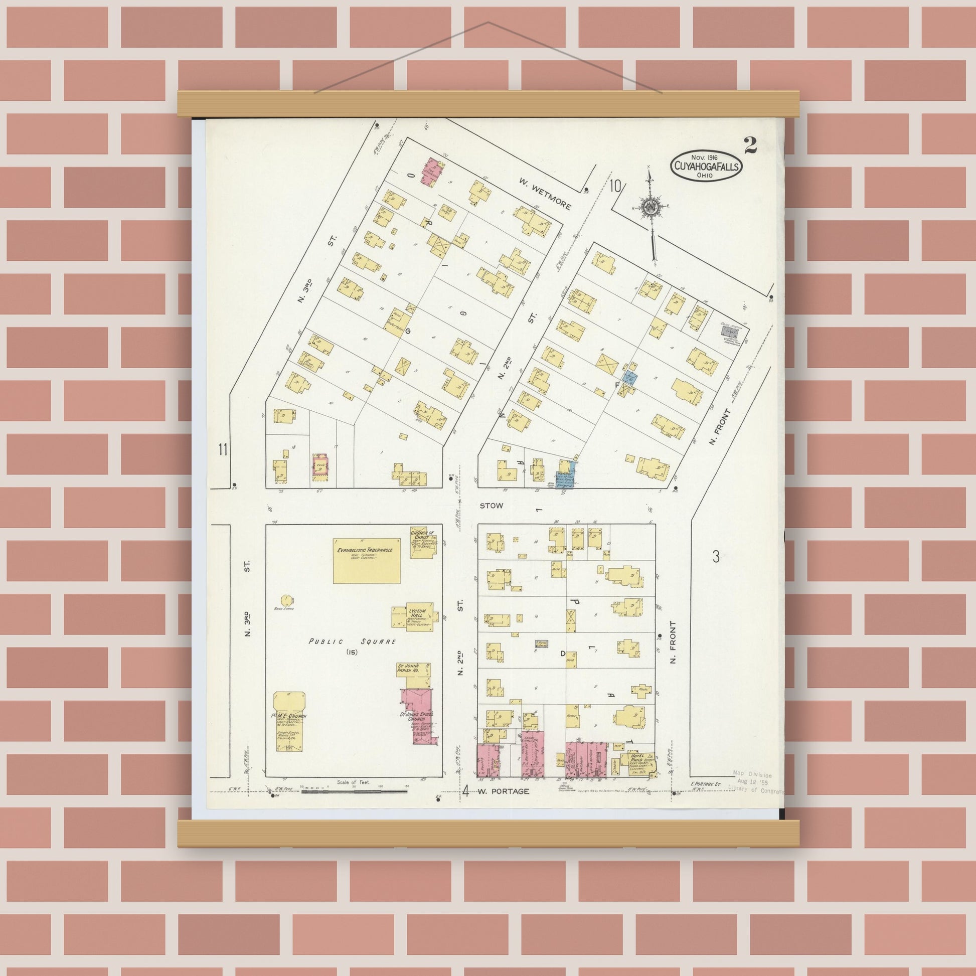 Old map wall art mockup — magnetic wood frame on brick wall — Sanborn Fire Insurance Map from Cuyahoga Falls, Summit County, Ohio (1916), Sheet #0002