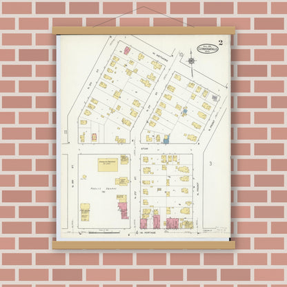 Old map wall art mockup — magnetic wood frame on brick wall — Sanborn Fire Insurance Map from Cuyahoga Falls, Summit County, Ohio (1916), Sheet #0002