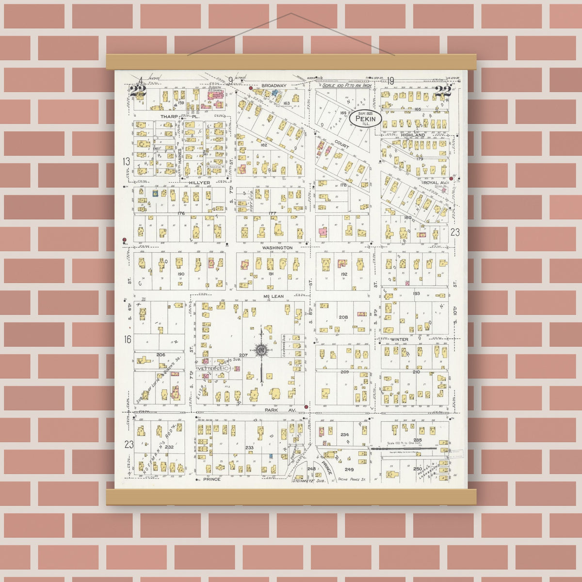 Old map wall art mockup — magnetic wood frame on brick wall — Sanborn Fire Insurance Map from Pekin, Tazewell County, Illinois (1925), Sheet #0022