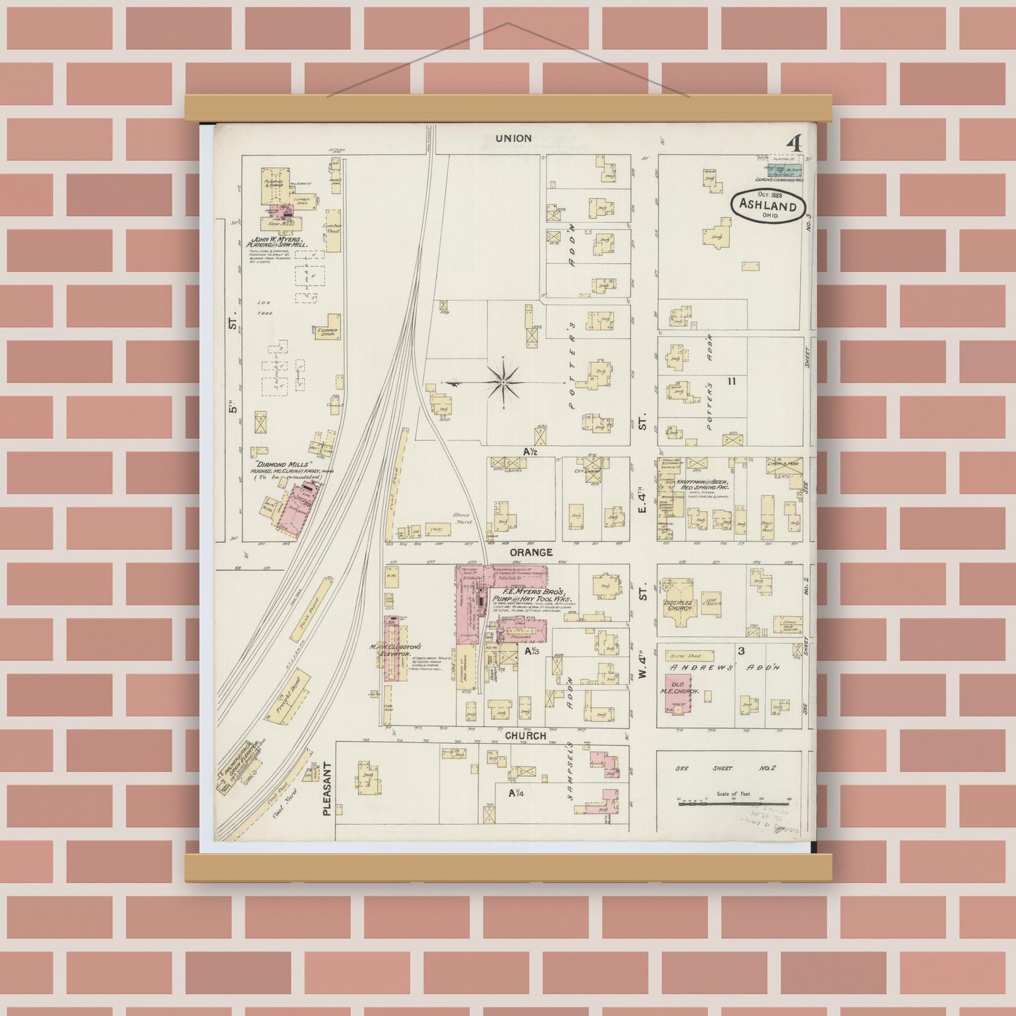 Old map wall art mockup — magnetic wood frame on brick wall — Sanborn Fire Insurance Map from Ashland, Ashland County, Ohio (1888), Sheet #0004