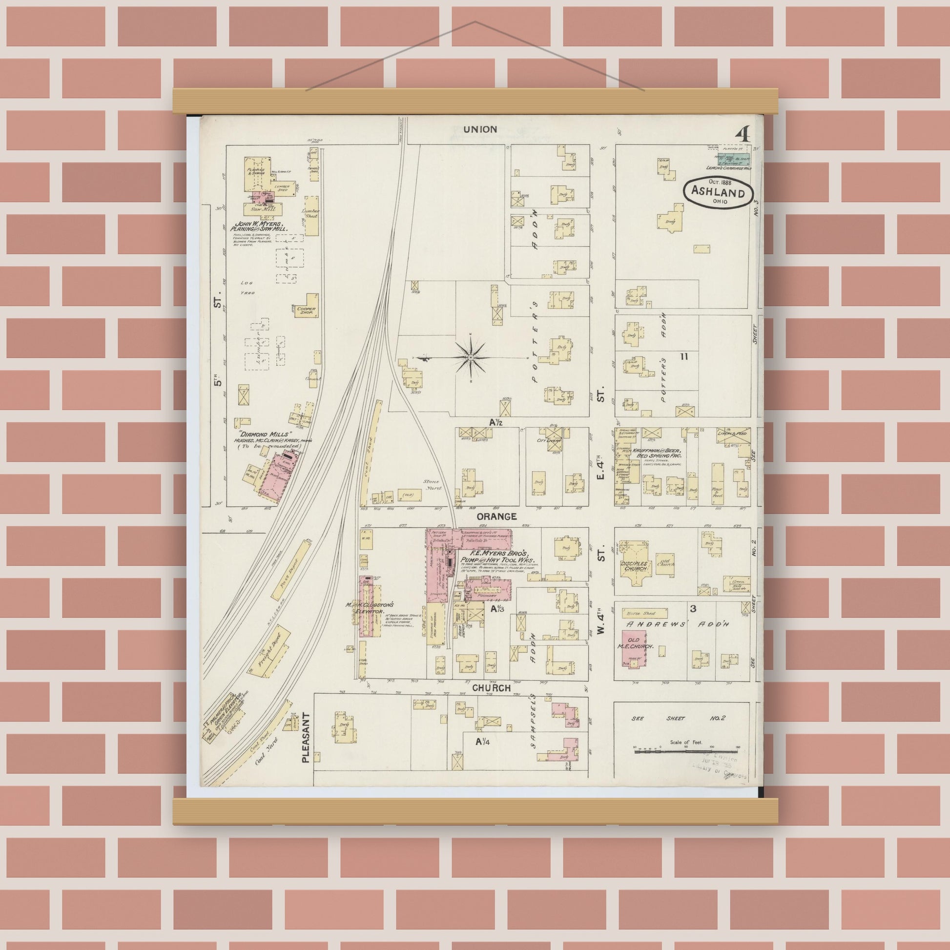 Old map wall art mockup — magnetic wood frame on brick wall — Sanborn Fire Insurance Map from Ashland, Ashland County, Ohio (1888), Sheet #0004