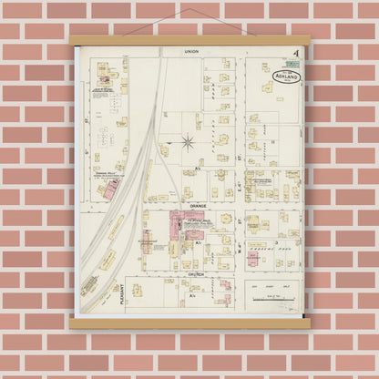 Old map wall art mockup — magnetic wood frame on brick wall — Sanborn Fire Insurance Map from Ashland, Ashland County, Ohio (1888), Sheet #0004