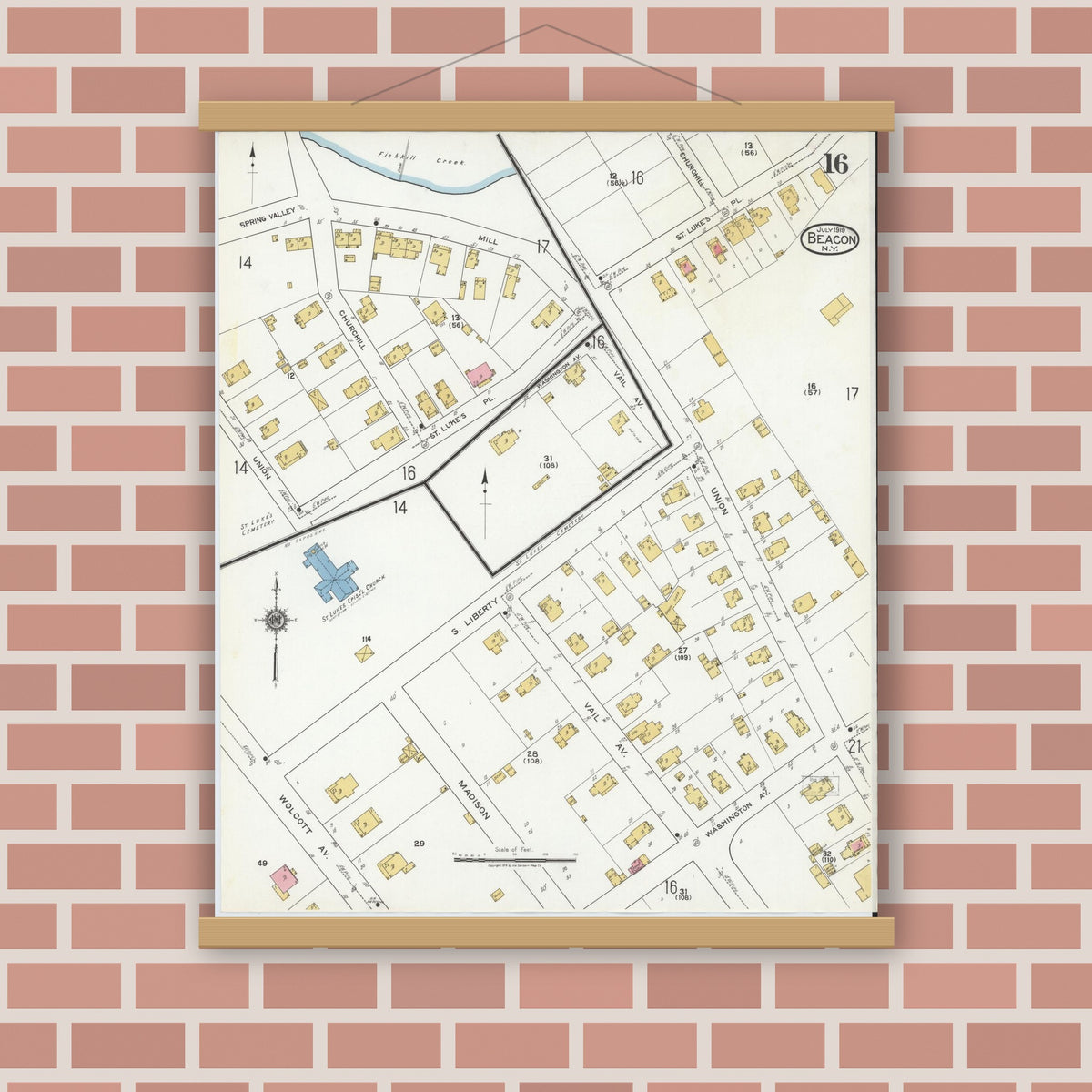 Old map wall art mockup — magnetic wood frame on brick wall — Sanborn Fire Insurance Map from Beacon, Dutchess County, New York (1919), Sheet #0016