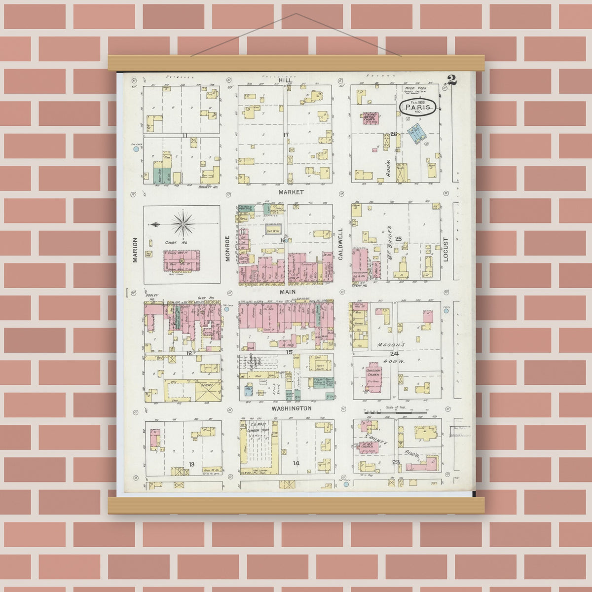 Old map wall art mockup — magnetic wood frame on brick wall — Sanborn Fire Insurance Map from Paris, Monroe County, Missouri (1893), Sheet #0002