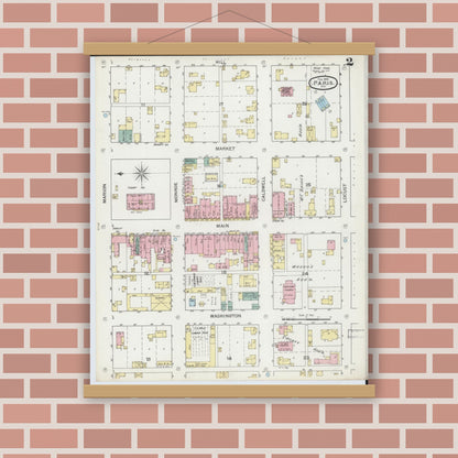 Old map wall art mockup — magnetic wood frame on brick wall — Sanborn Fire Insurance Map from Paris, Monroe County, Missouri (1893), Sheet #0002
