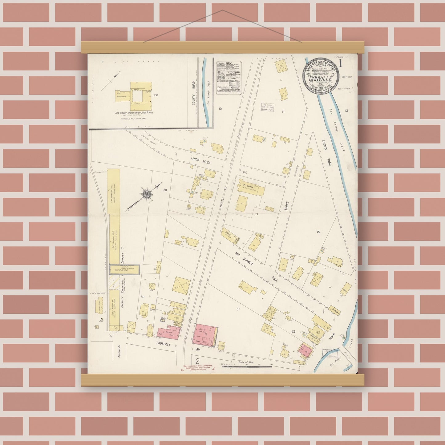Old map wall art mockup — magnetic wood frame on brick wall — Sanborn Fire Insurance Map from Danville, Contra Costa County, California (1917), Sheet #0001