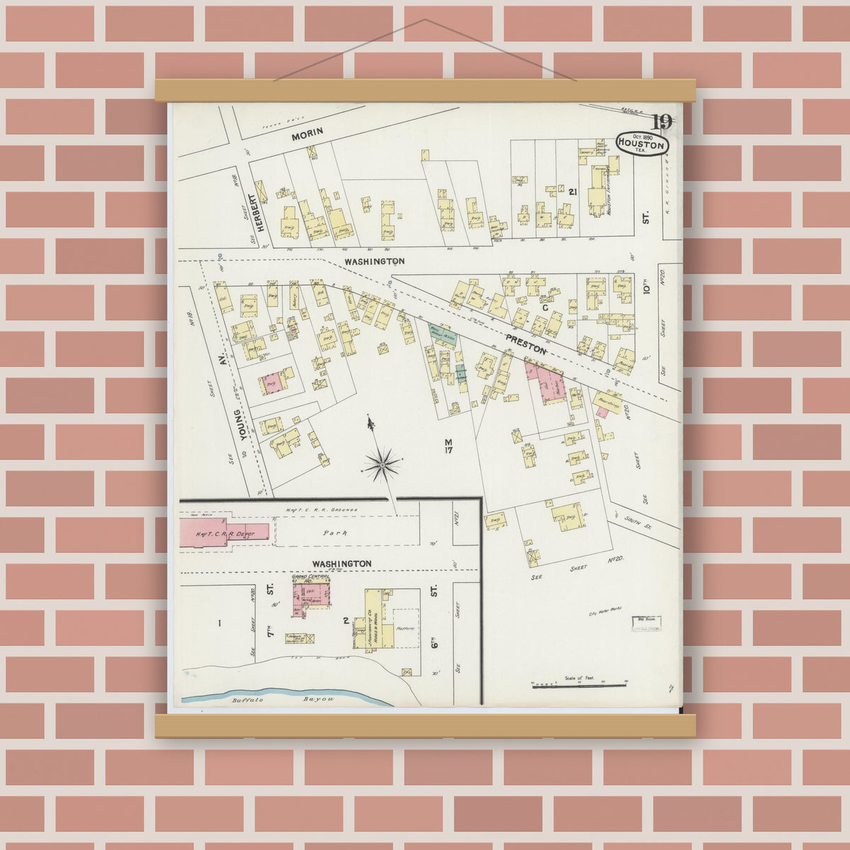 Old map wall art mockup — magnetic wood frame on brick wall — Sanborn Fire Insurance Map from Houston, Harris County, Texas (1890), Sheet #0019