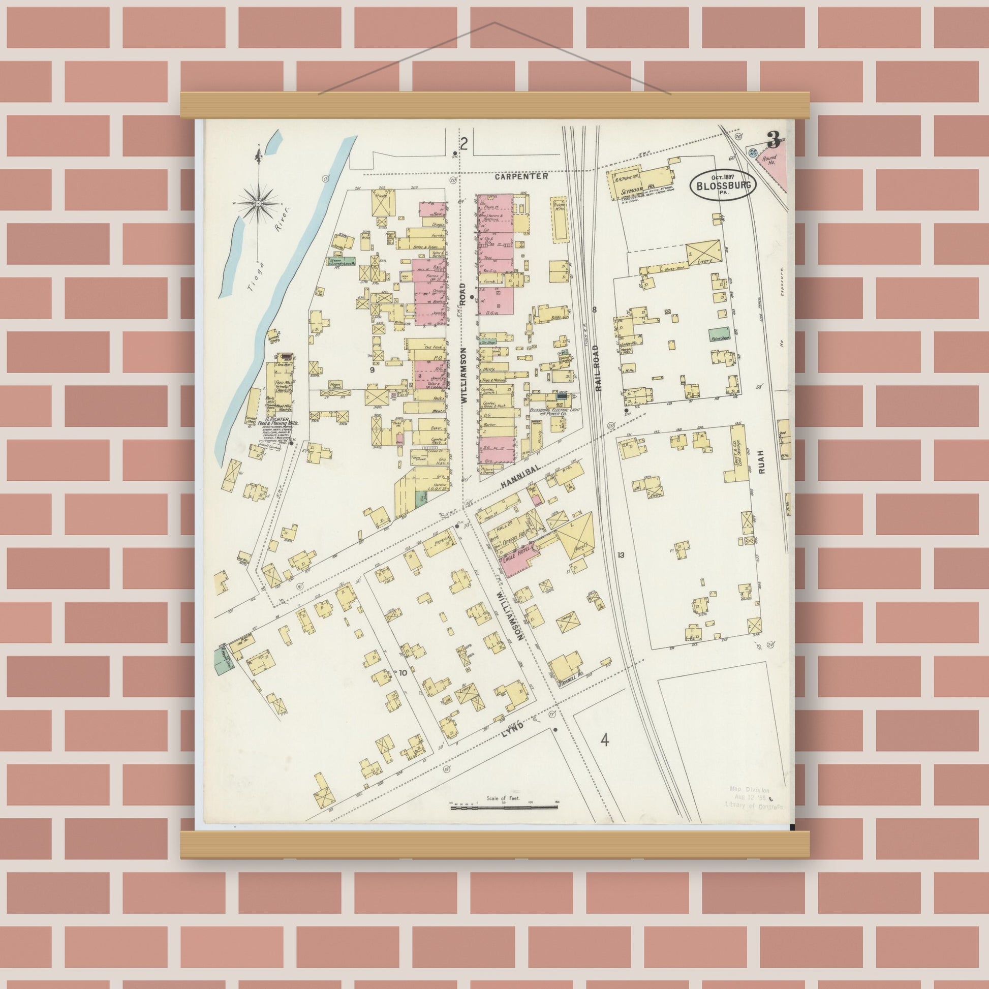 Old map wall art mockup — magnetic wood frame on brick wall — Sanborn Fire Insurance Map from Blossburg, Tioga County, Pennsylvania (1897), Sheet #0003