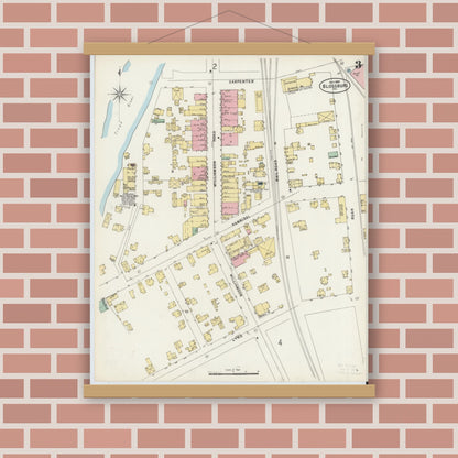 Old map wall art mockup — magnetic wood frame on brick wall — Sanborn Fire Insurance Map from Blossburg, Tioga County, Pennsylvania (1897), Sheet #0003
