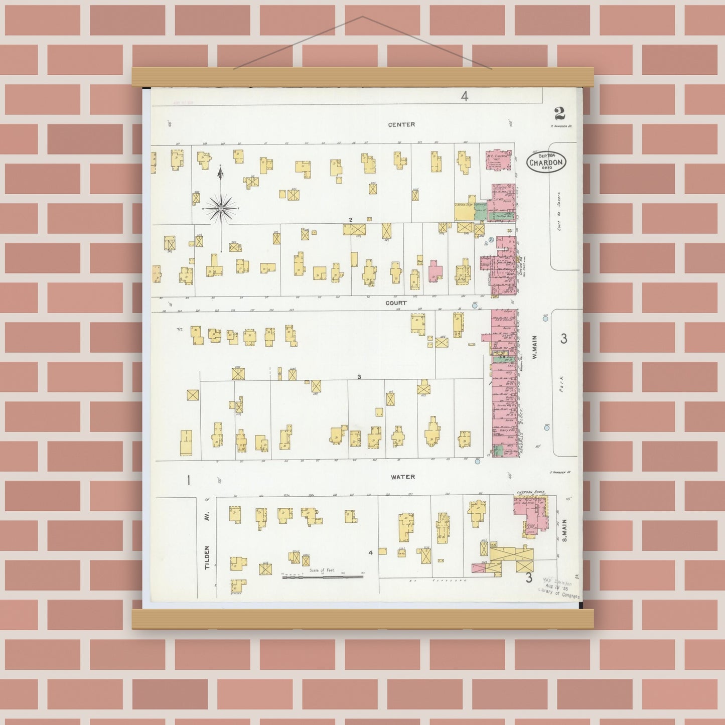 Old map wall art mockup — magnetic wood frame on brick wall — Sanborn Fire Insurance Map from Chardon, Geauga County, Ohio (1904), Sheet #0002