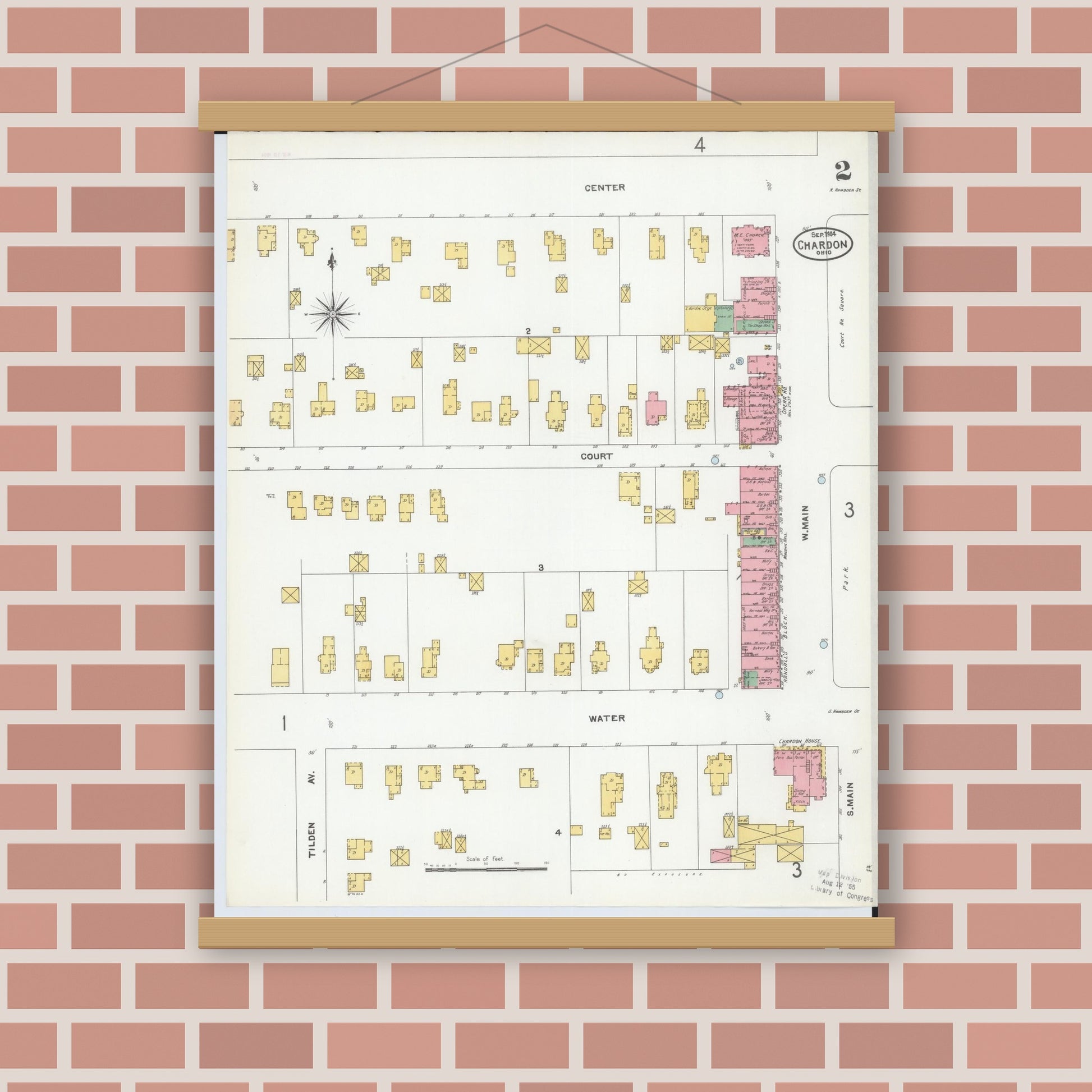 Old map wall art mockup — magnetic wood frame on brick wall — Sanborn Fire Insurance Map from Chardon, Geauga County, Ohio (1904), Sheet #0002