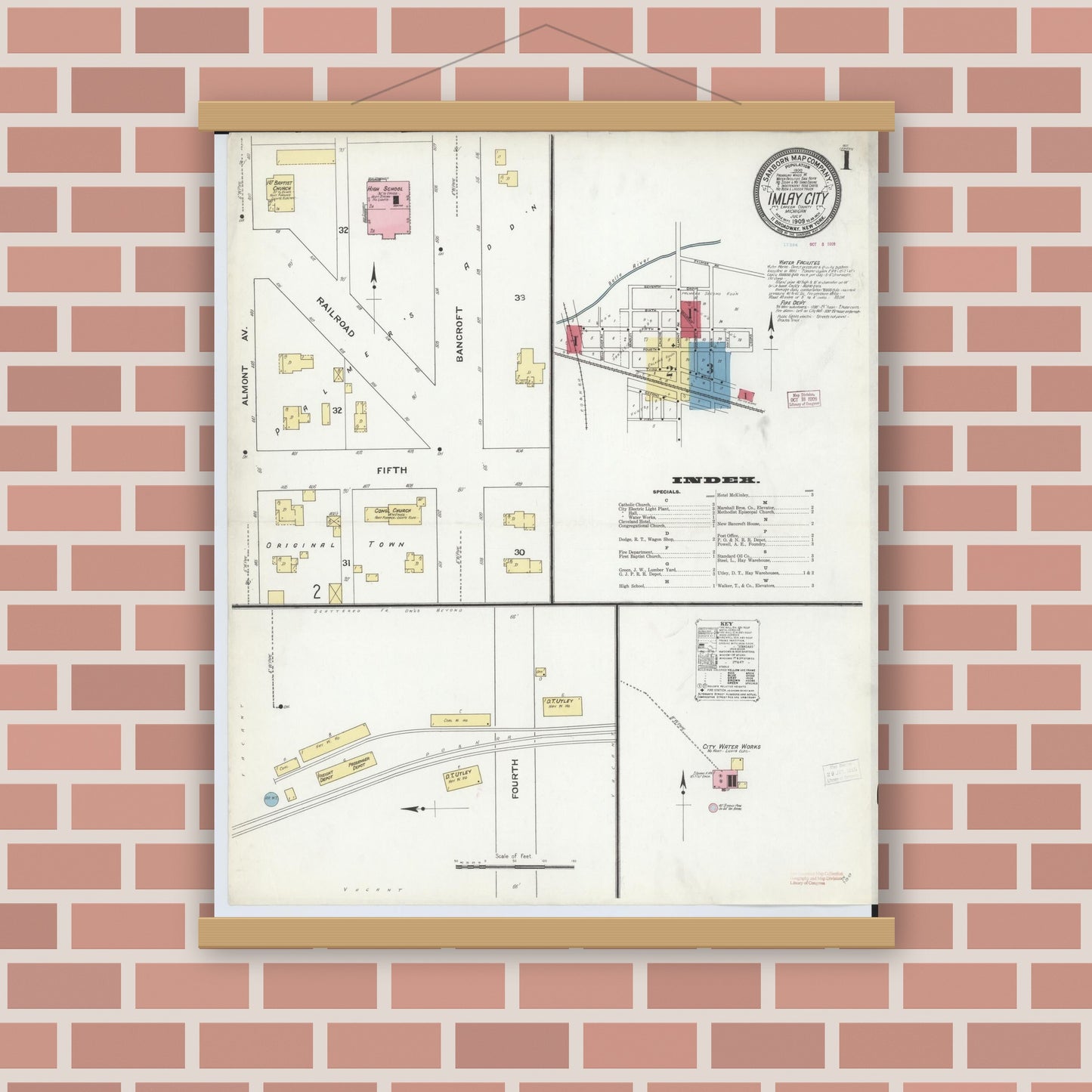 Old map wall art mockup — magnetic wood frame on brick wall — Sanborn Fire Insurance Map from Imlay City, Lapeer County, Michigan (1909) - Complete Map Set