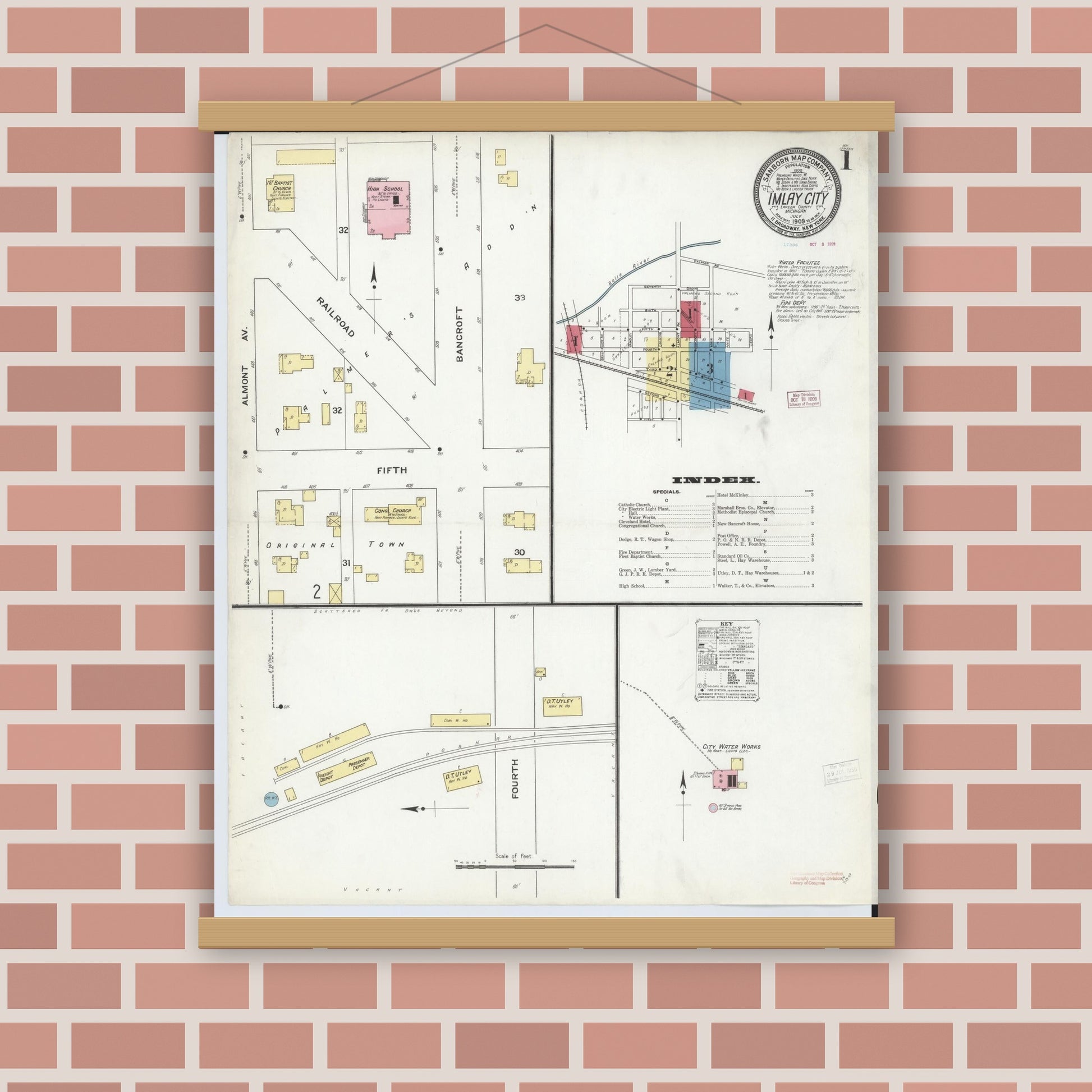 Old map wall art mockup — magnetic wood frame on brick wall — Sanborn Fire Insurance Map from Imlay City, Lapeer County, Michigan (1909) - Complete Map Set