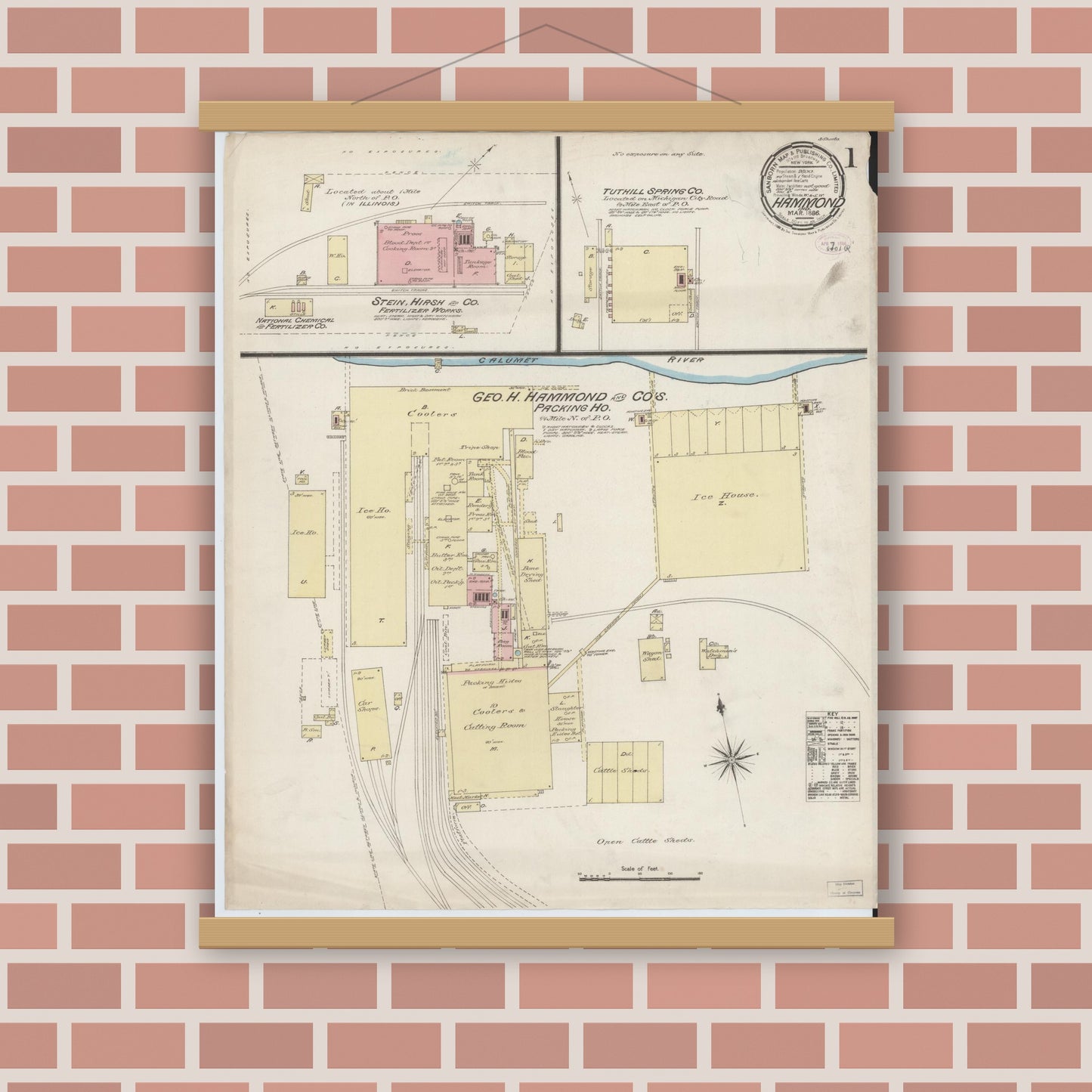 Old map wall art mockup — magnetic wood frame on brick wall — Sanborn Fire Insurance Map from Hammond, Lake County, Indiana (1886) - Complete Map Set