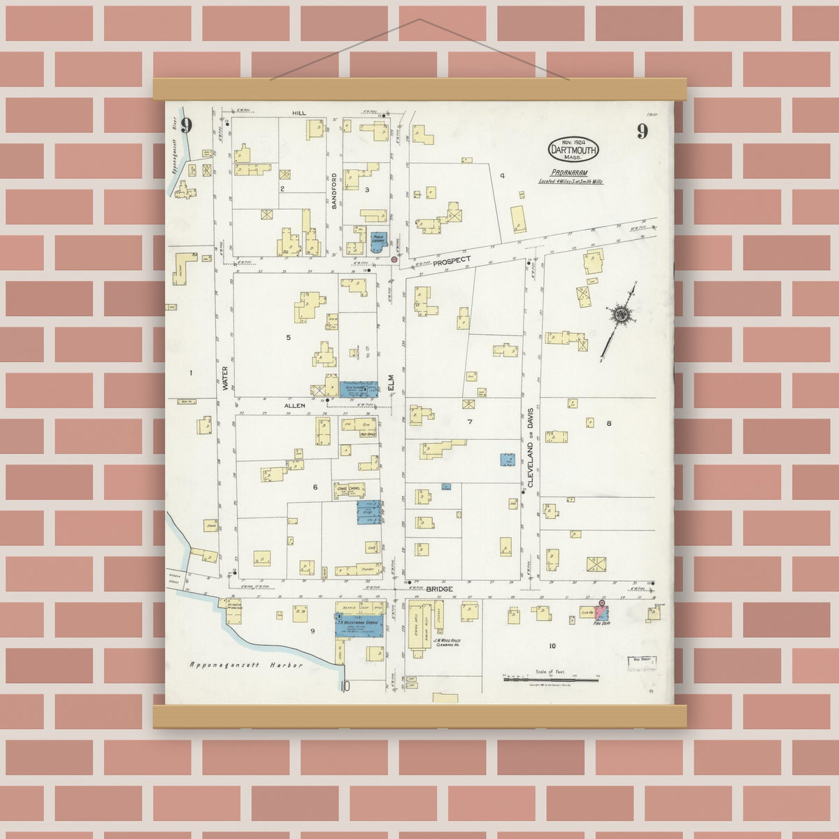 Old map wall art mockup — magnetic wood frame on brick wall — Sanborn Fire Insurance Map from Dartmouth, Bristol County, Massachusetts (1924), Sheet #0009
