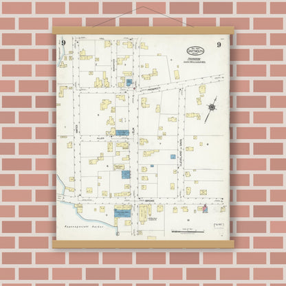 Old map wall art mockup — magnetic wood frame on brick wall — Sanborn Fire Insurance Map from Dartmouth, Bristol County, Massachusetts (1924), Sheet #0009