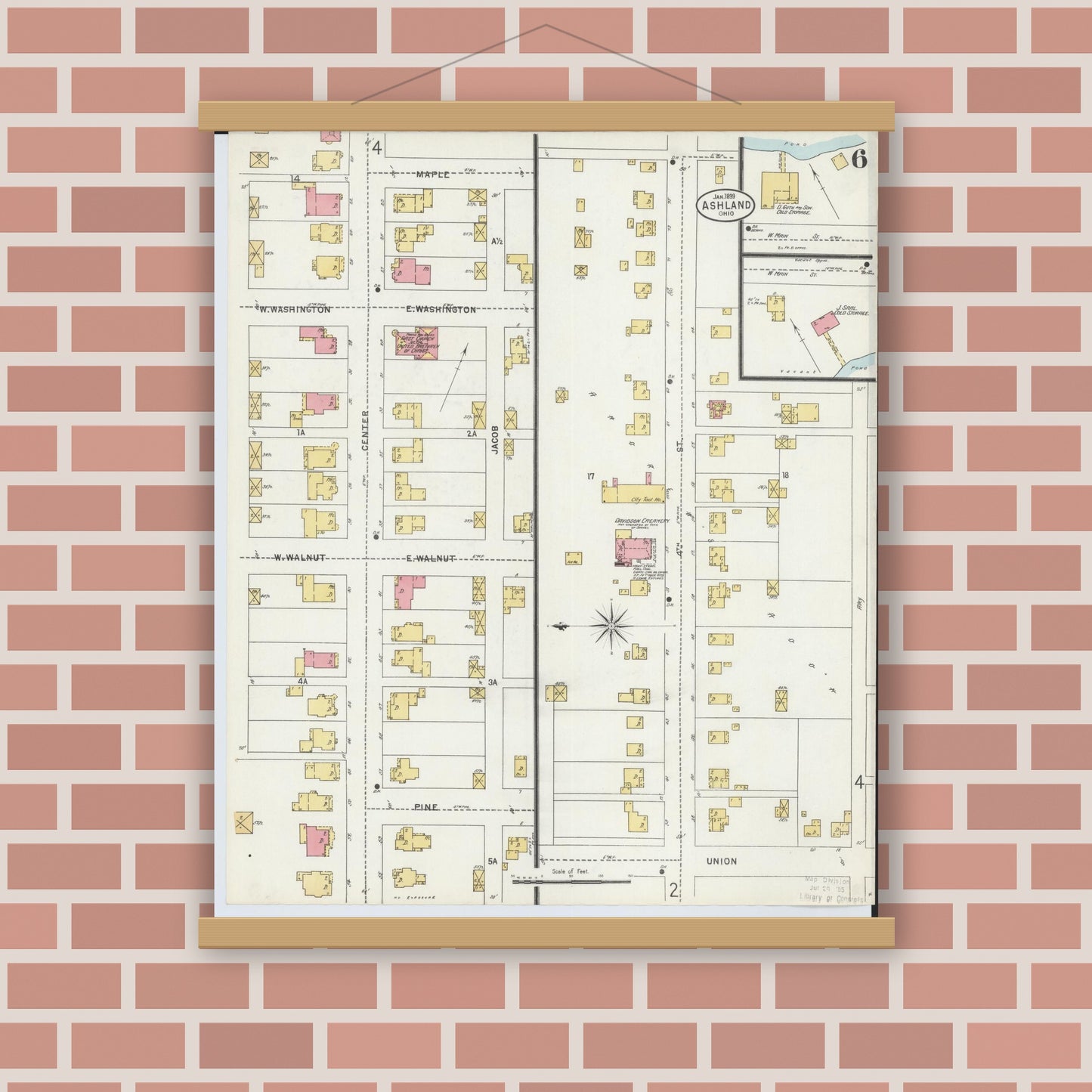 Old map wall art mockup — magnetic wood frame on brick wall — Sanborn Fire Insurance Map from Ashland, Ashland County, Ohio (1899), Sheet #0006